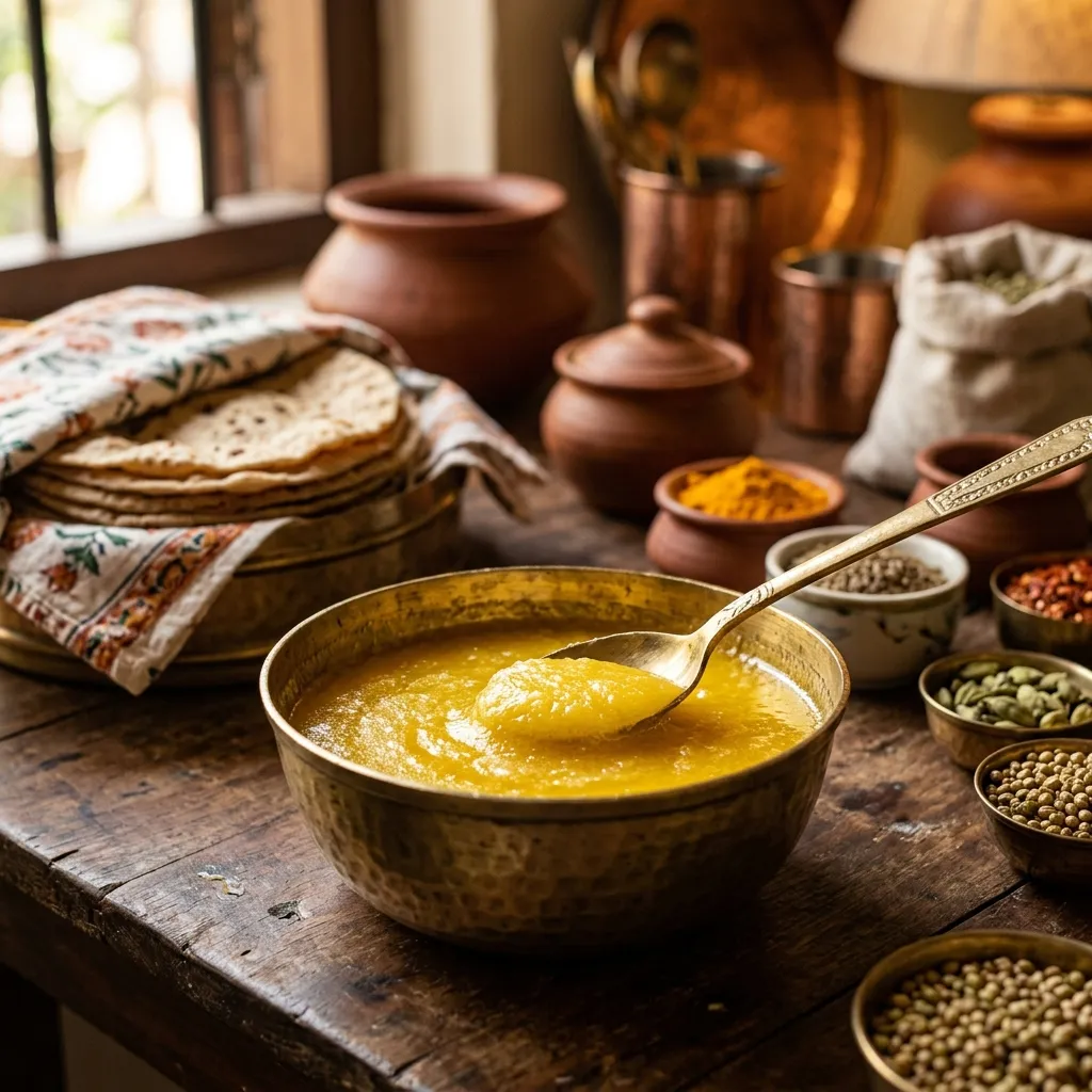 Golden ghee served in traditional Indian brassware